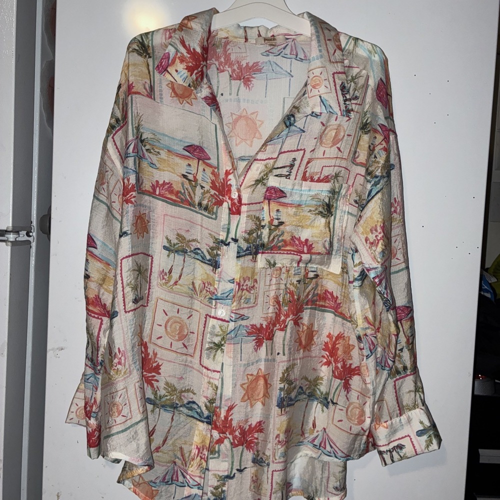 Peach Tropical Beach Print Button Shirt Vacation Cover Up Medium